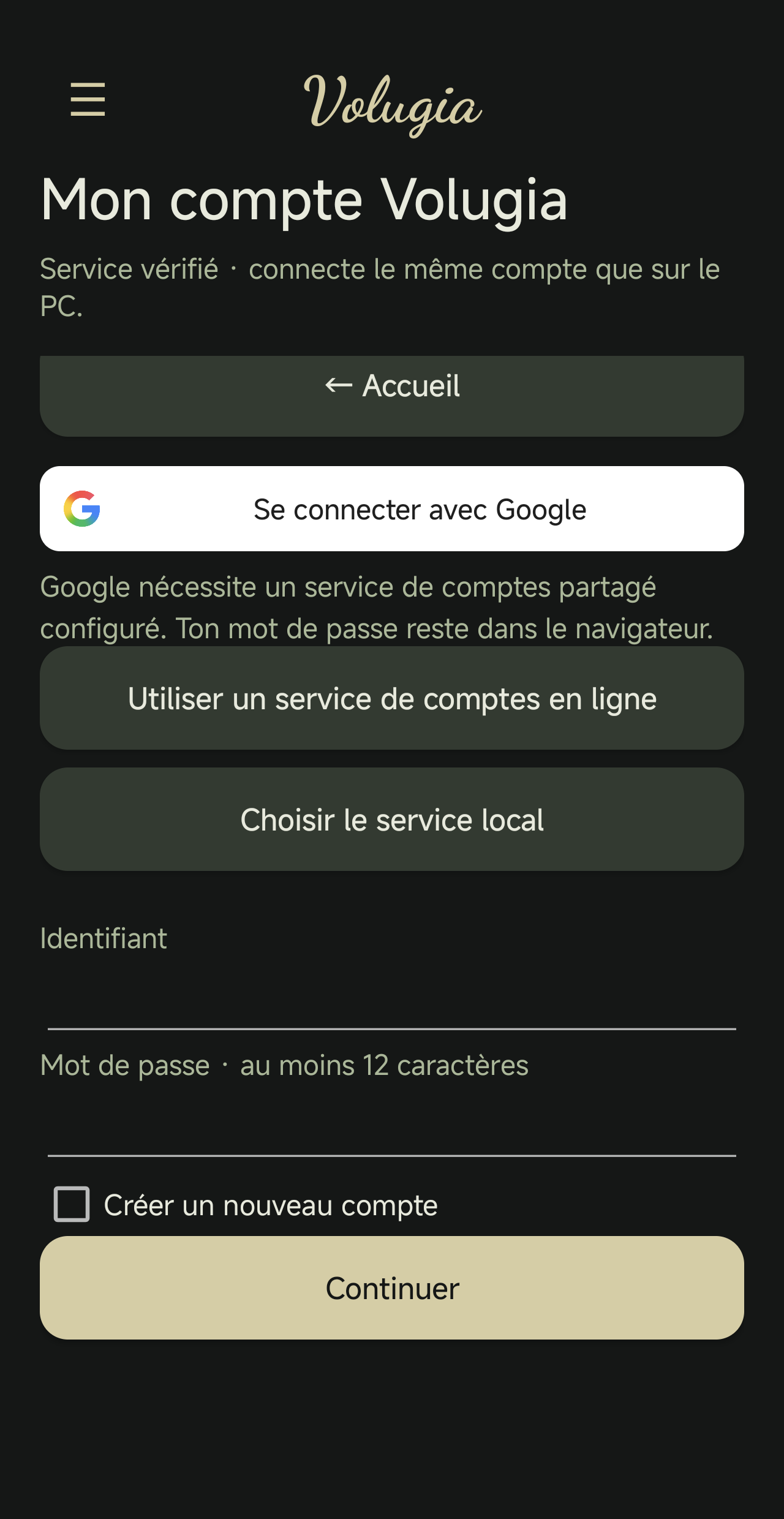 Écran de connexion avec compte Google sur Volugia