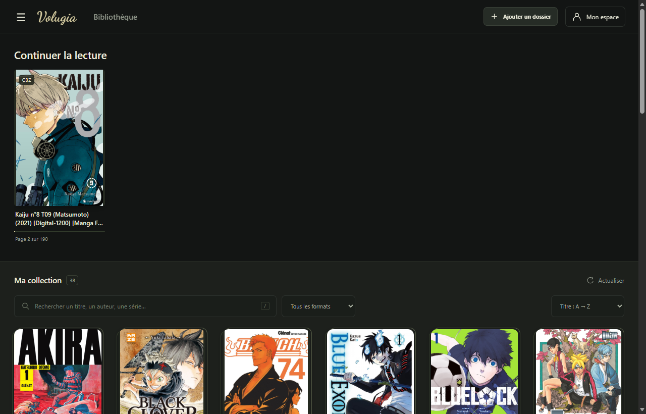 Interface de Volugia sur PC montrant la collection de mangas et la reprise de lecture